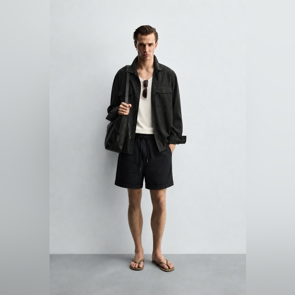 ZARA - Black Textured Drawstring Shorts | Tailored Relaxed Fit